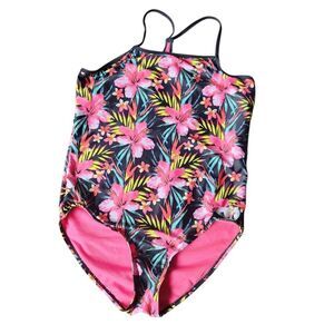 EUC Hurley Girls 14/16 Tropical Floral Pink Swimsuit Beach Pool Summer UPF 50+